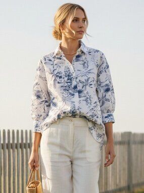 Hyacinth House Beau Boyfriend Shirt XXS NWT Navy Floral Bracelet Sleeve